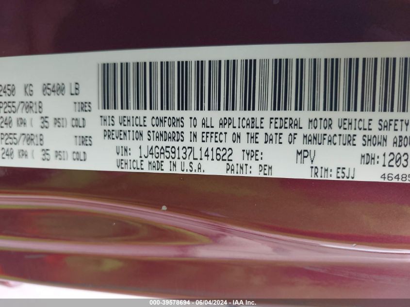 2007 Jeep Wrangler Unlimited Sahara VIN: 1J4GA59137L141622 Lot: 39578694