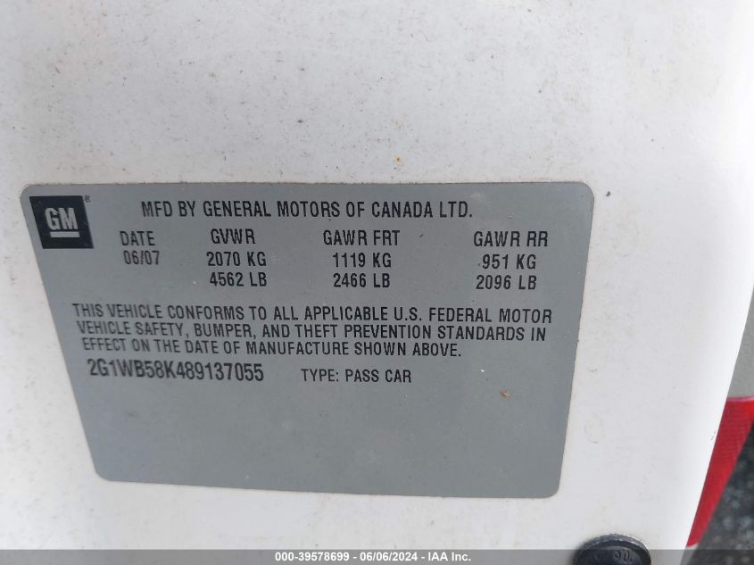 2008 Chevrolet Impala Ls VIN: 2G1WB58K489137055 Lot: 39578699