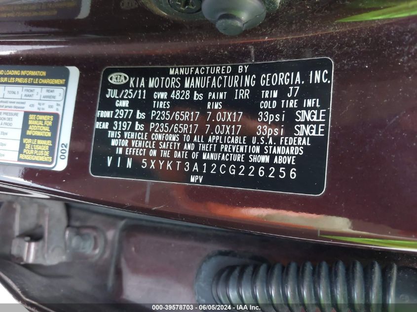 2012 Kia Sorento Lx VIN: 5XYKT3A12CG226256 Lot: 39578703
