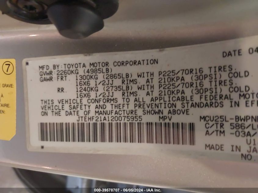 2002 Toyota Highlander Limited V6 VIN: JTEHF21A120075955 Lot: 39578707