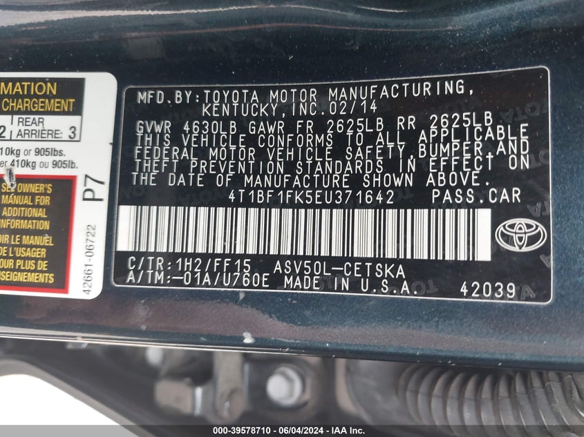 2014 Toyota Camry Se VIN: 4T1BF1FK5EU371642 Lot: 39578710