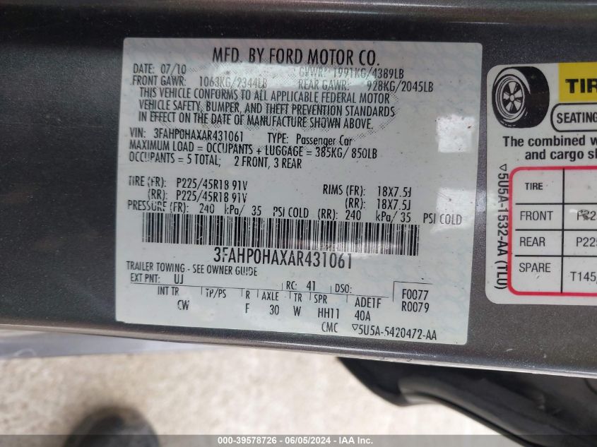 2010 Ford Fusion Se VIN: 3FAHP0HAXAR431061 Lot: 39578726