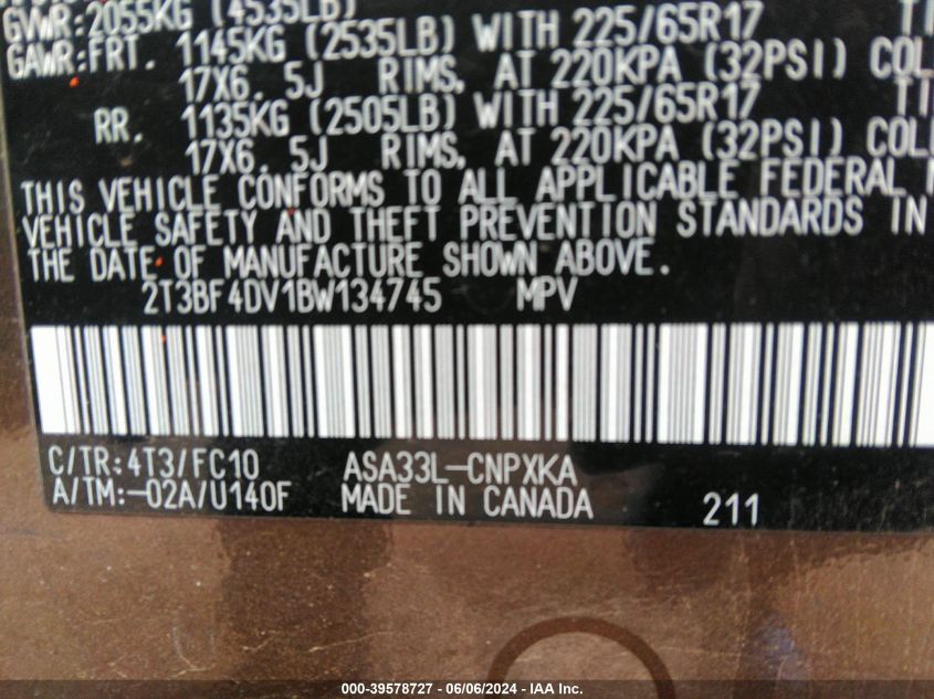 2011 Toyota Rav4 VIN: 2T3BF4DV1BW134745 Lot: 39578727