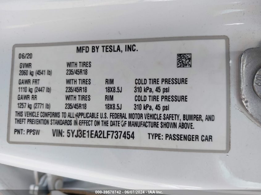 2020 Tesla Model 3 Standard Range Plus Rear-Wheel Drive/Standard Range Rear-Wheel Drive VIN: 5YJ3E1EA2LF737454 Lot: 39578742