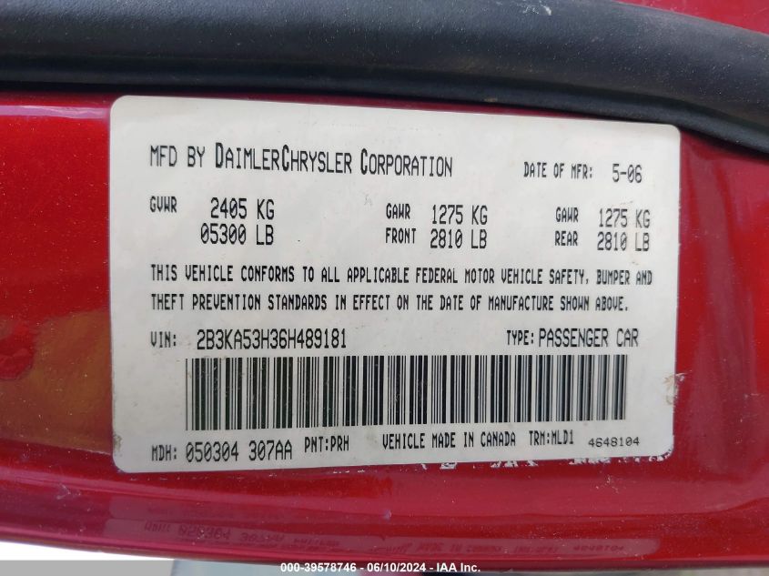 2006 Dodge Charger Rt VIN: 2B3KA53H36H489181 Lot: 39578746