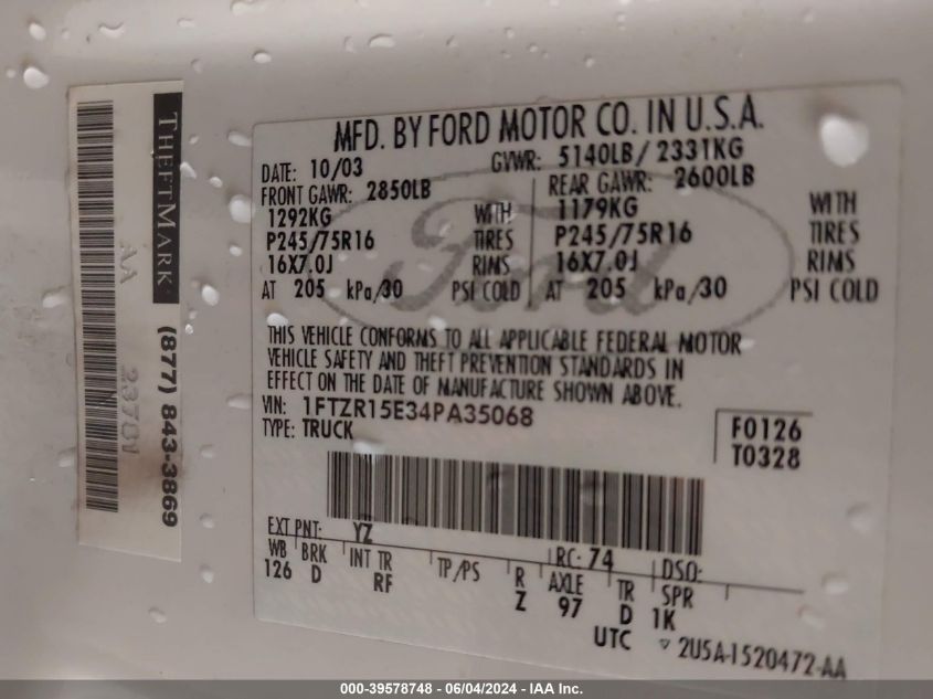 2004 Ford Ranger Xlt VIN: 1FTZR15E34PA35068 Lot: 39578748