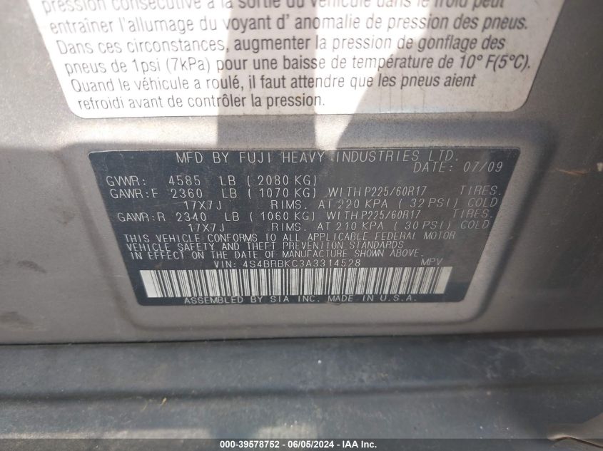 2010 Subaru Outback 2.5I Limited VIN: 4S4BRBKC3A3314528 Lot: 39578752