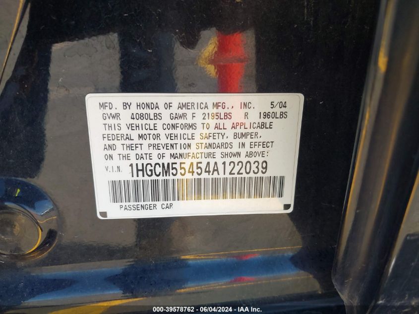 2004 Honda Accord 2.4 Lx VIN: 1HGCM55454A122039 Lot: 39578762
