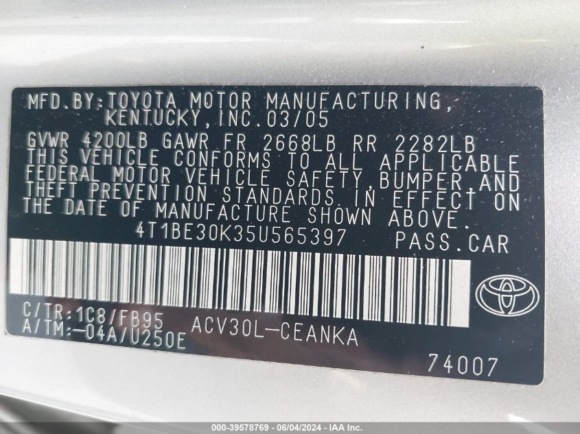 2005 Toyota Camry Le VIN: 4T1BE30K35U565397 Lot: 39578769