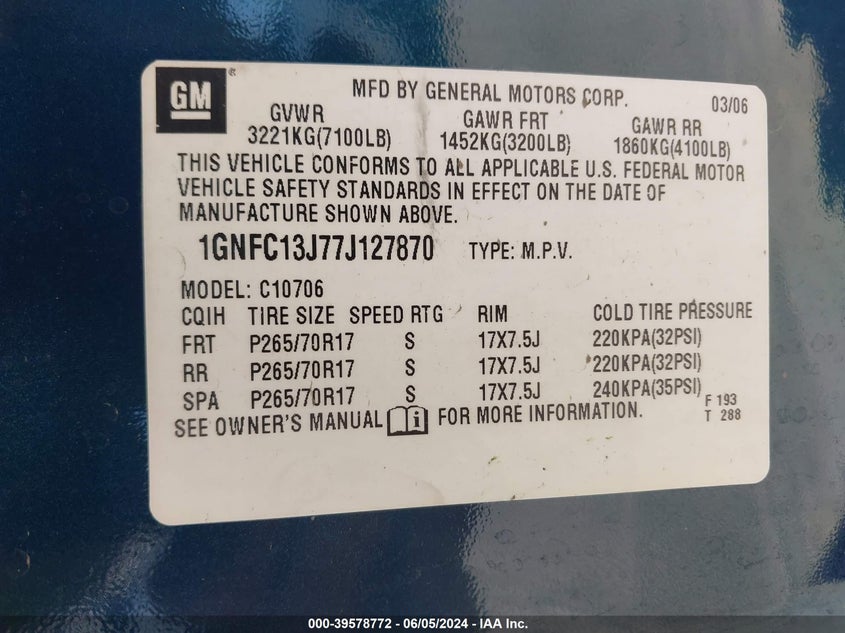2007 Chevrolet Tahoe Ls VIN: 1GNFC13J77J127870 Lot: 39578772