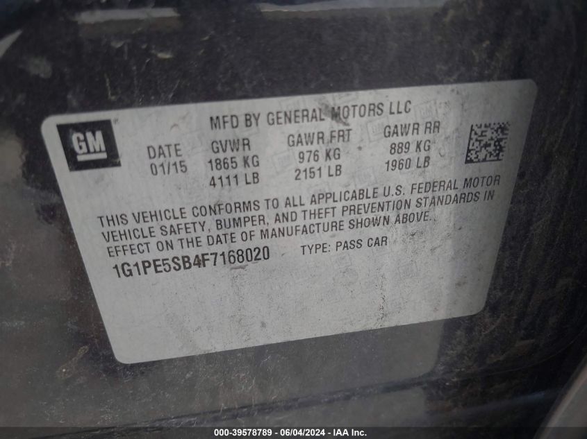 2015 Chevrolet Cruze 2Lt Auto VIN: 1G1PE5SB4F7168020 Lot: 39578789