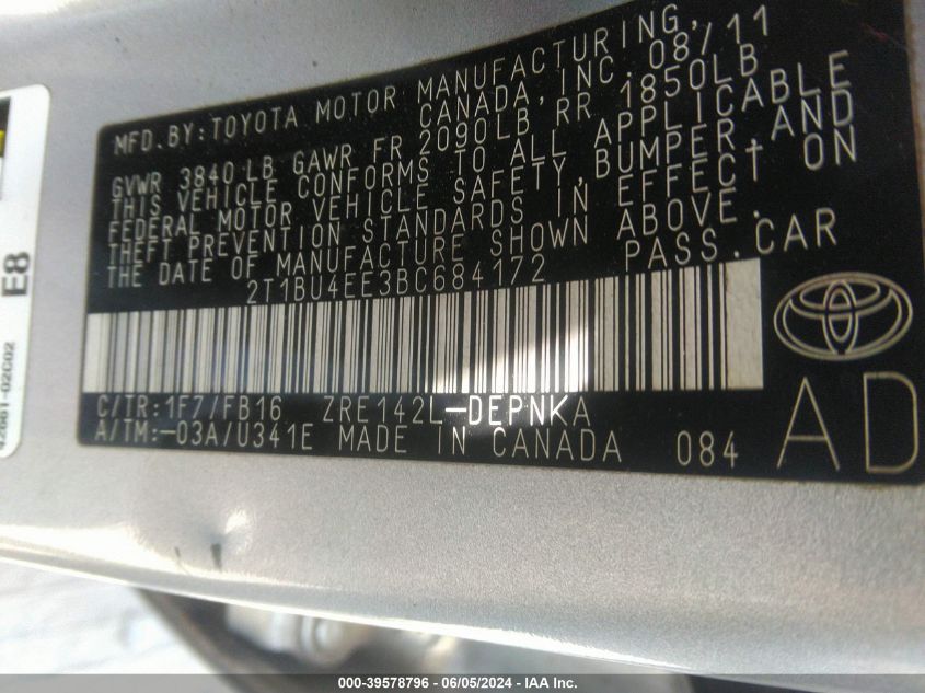 2011 Toyota Corolla Le VIN: 2T1BU4EE3BC684172 Lot: 39578796