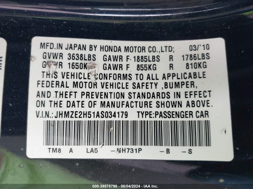 2010 Honda Insight Lx VIN: JHMZE2H51AS034179 Lot: 39578798