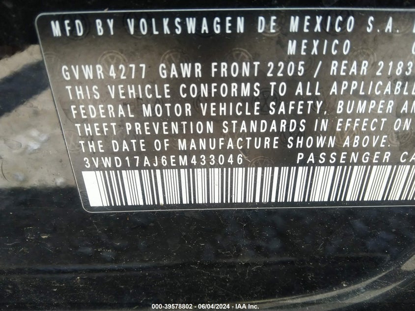 2014 Volkswagen Jetta 1.8T Se VIN: 3VWD17AJ6EM433046 Lot: 39578802