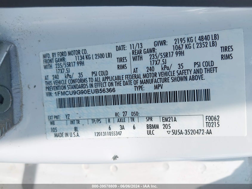 2014 Ford Escape Se VIN: 1FMCU9G90EUB56366 Lot: 39578809