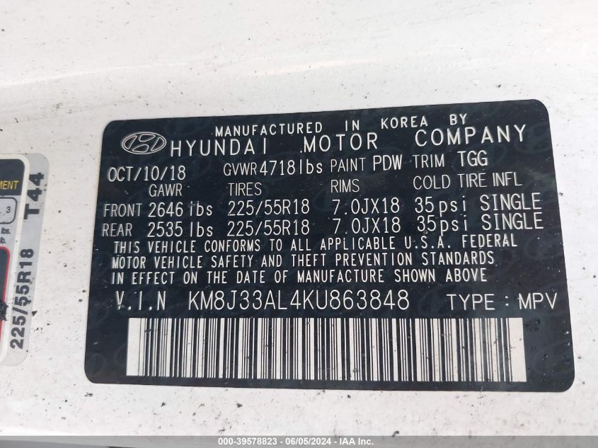 KM8J33AL4KU863848 2019 Hyundai Tucson