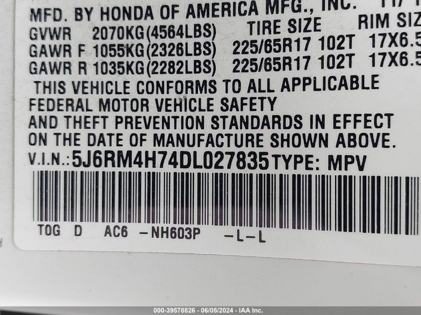 2013 Honda Cr-V Ex-L VIN: 5J6RM4H74DL027835 Lot: 39578826