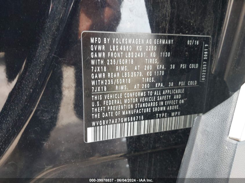 2016 Volkswagen Tiguan Se VIN: WVGBV7AX7GW586715 Lot: 39578837