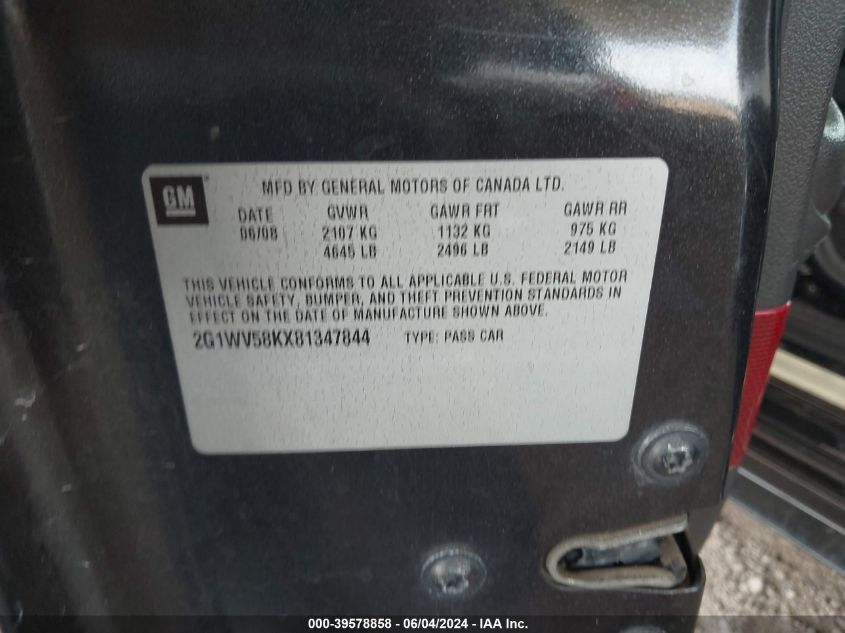 2008 Chevrolet Impala Lt VIN: 2G1WV58KX81347844 Lot: 39578858