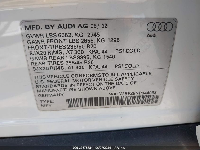 2022 Audi Q4 Sportback E-Tron Premium 50 Quattro VIN: WA1V2BFZ5NP044098 Lot: 39578881