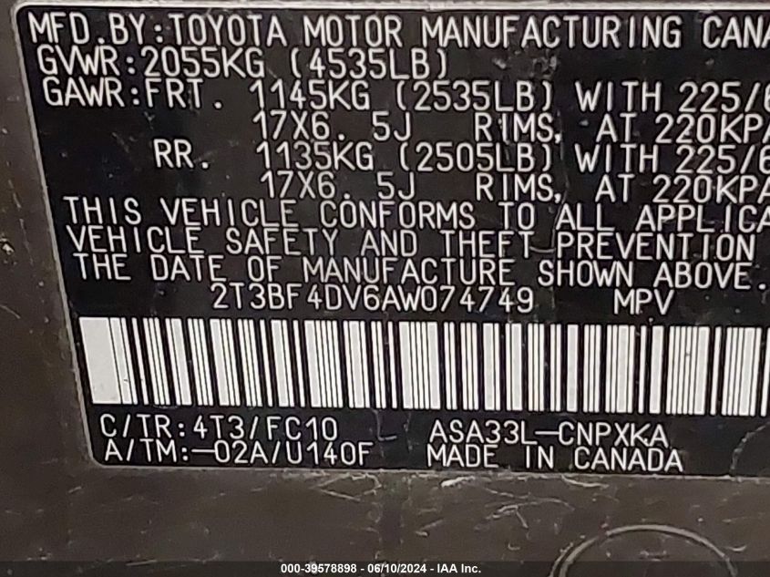 2010 Toyota Rav4 VIN: 2T3BF4DV6AW074749 Lot: 39578898