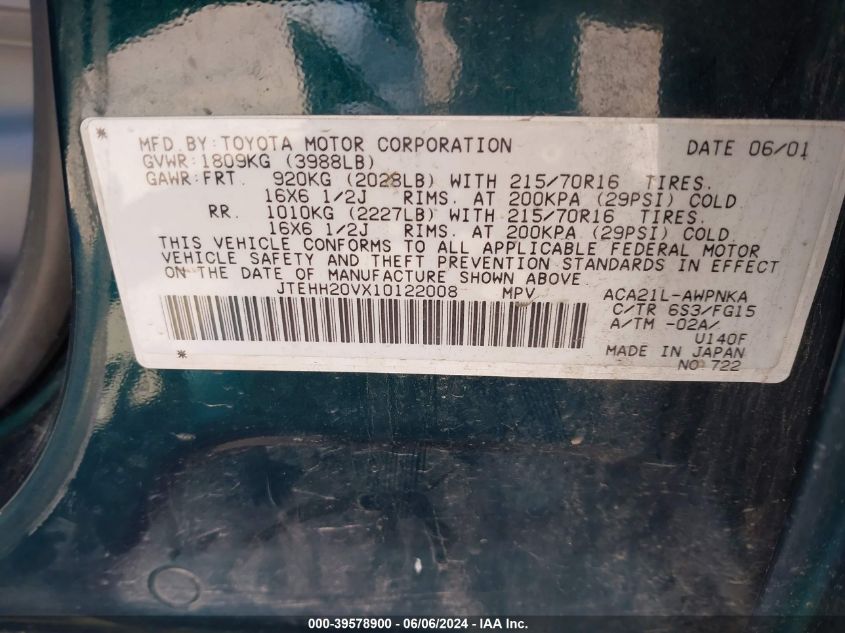 2001 Toyota Rav4 VIN: JTEHH20VX10122008 Lot: 39578900