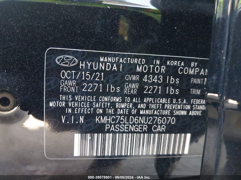 2022 Hyundai Ioniq Plug-In Hybrid Sel VIN: KMHC75LD6NU276070 Lot: 39578901