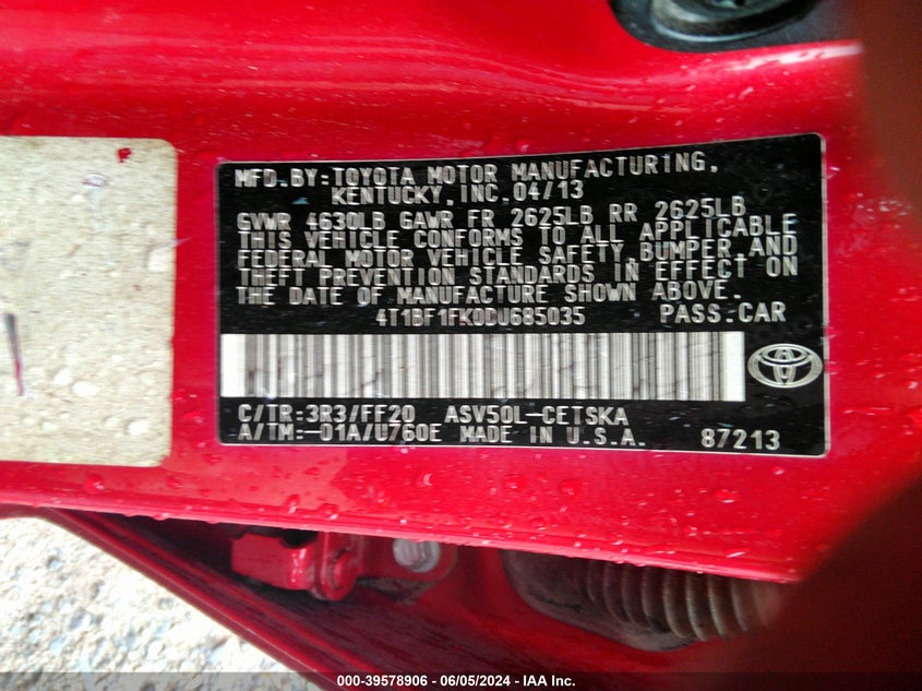 2013 Toyota Camry Se VIN: 4T1BF1FK0DU685035 Lot: 39578906