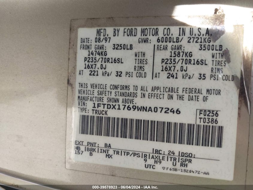 1998 Ford F-150 Lariat/Standard/Xl/Xlt VIN: 1FTDX1769WNA07246 Lot: 39578923