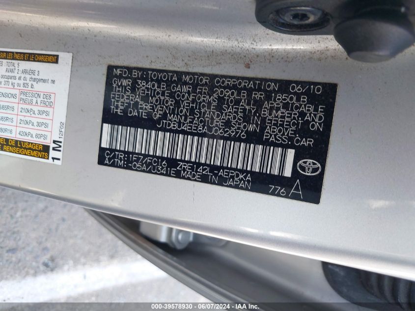 2010 Toyota Corolla Le VIN: JTDBU4EE8AJ062976 Lot: 39578930