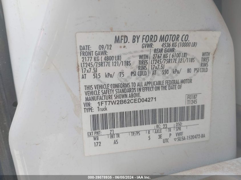 2012 Ford F250 Super Duty VIN: 1FT7W2B62CED04271 Lot: 39578935