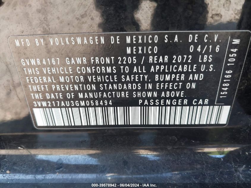 2016 Volkswagen Golf Tsi Se 4-Door VIN: 3VW217AU3GM058494 Lot: 39578942