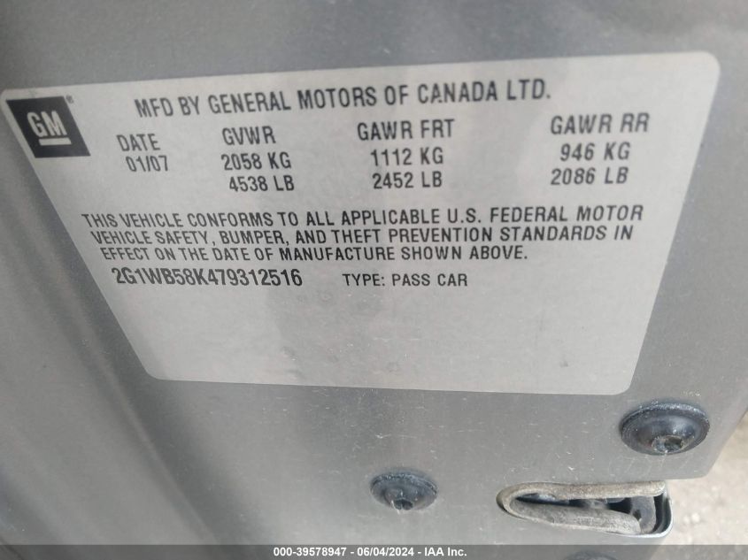 2007 Chevrolet Impala Ls VIN: 2G1WB58K479312516 Lot: 39578947