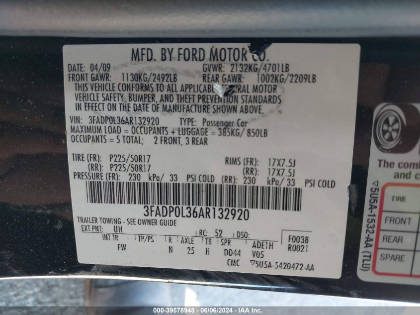 2010 Ford Fusion Hybrid VIN: 3FADP0L36AR132920 Lot: 39578948