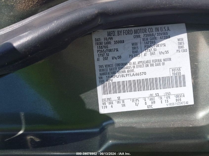 2000 Ford Expedition Eddie Bauer VIN: 1FMPU18L9YLA46570 Lot: 39578952