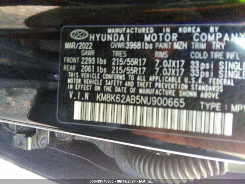 2022 Hyundai Kona Sel VIN: KM8K62AB5NU900665 Lot: 39578963