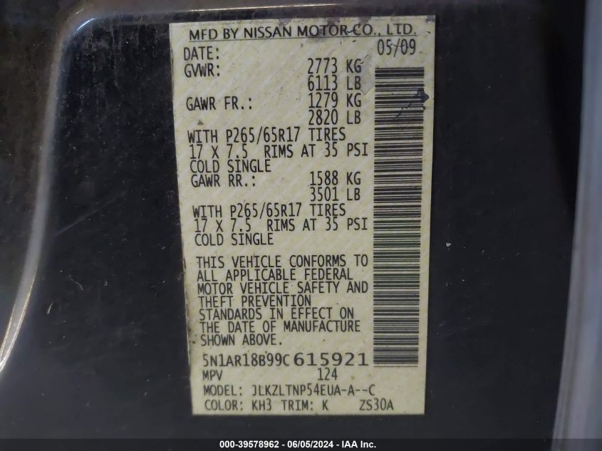 2009 Nissan Pathfinder Se VIN: 5N1AR18B99C615921 Lot: 39578962