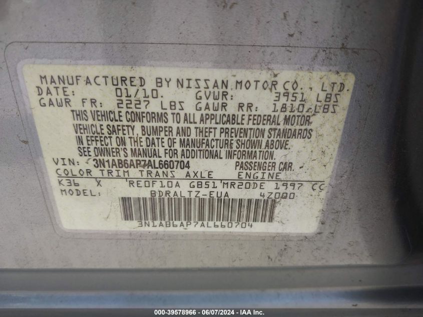 2010 Nissan Sentra 2.0S VIN: 3N1AB6AP7AL660704 Lot: 39578966