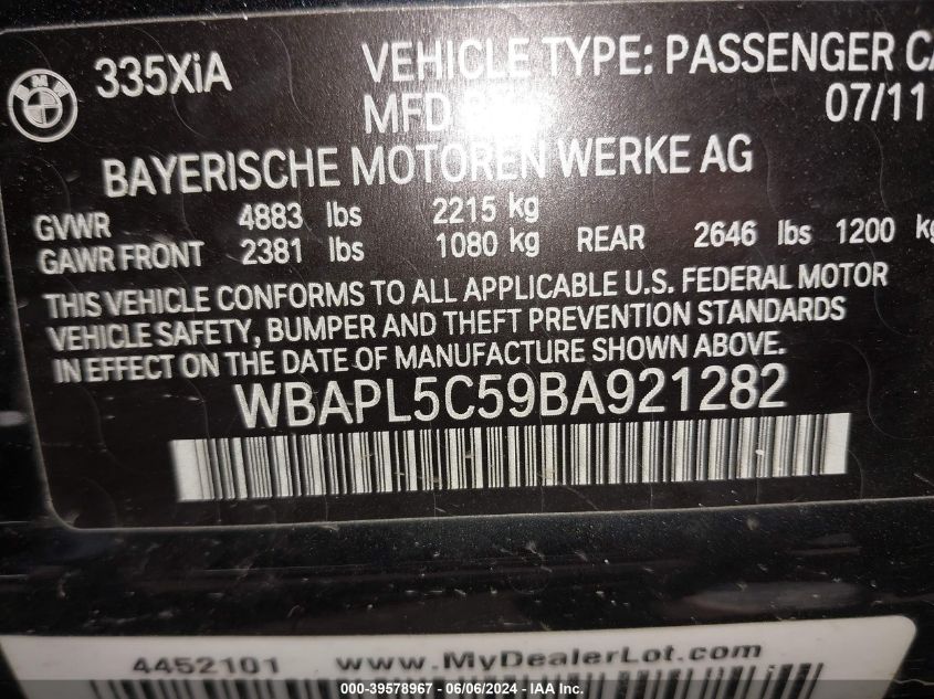 2011 BMW 335I xDrive VIN: WBAPL5C59BA921282 Lot: 39578967