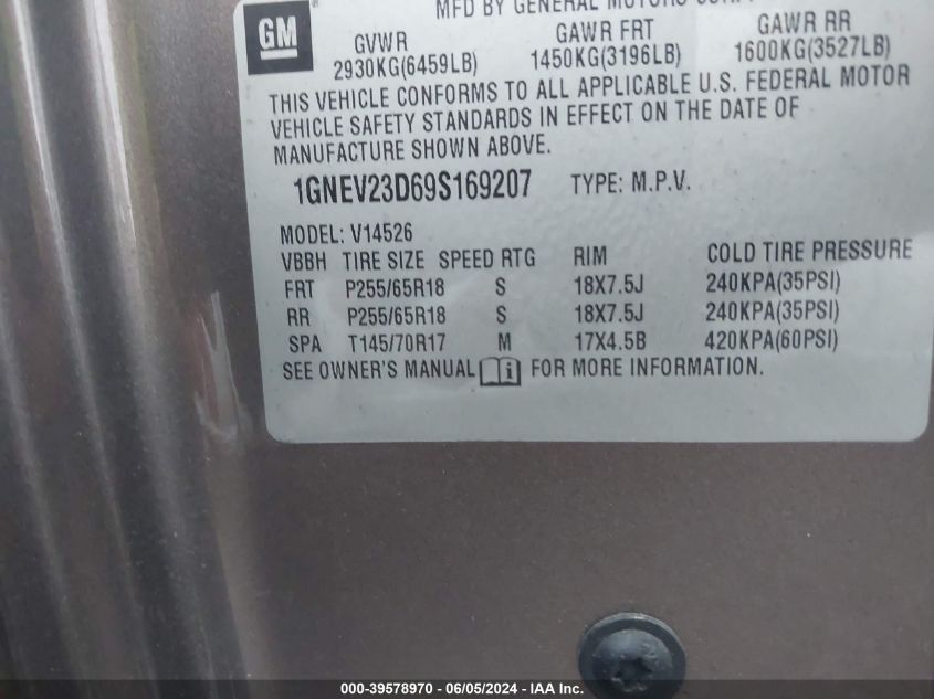 2009 Chevrolet Traverse Lt VIN: 1GNEV23D69S169207 Lot: 39578970