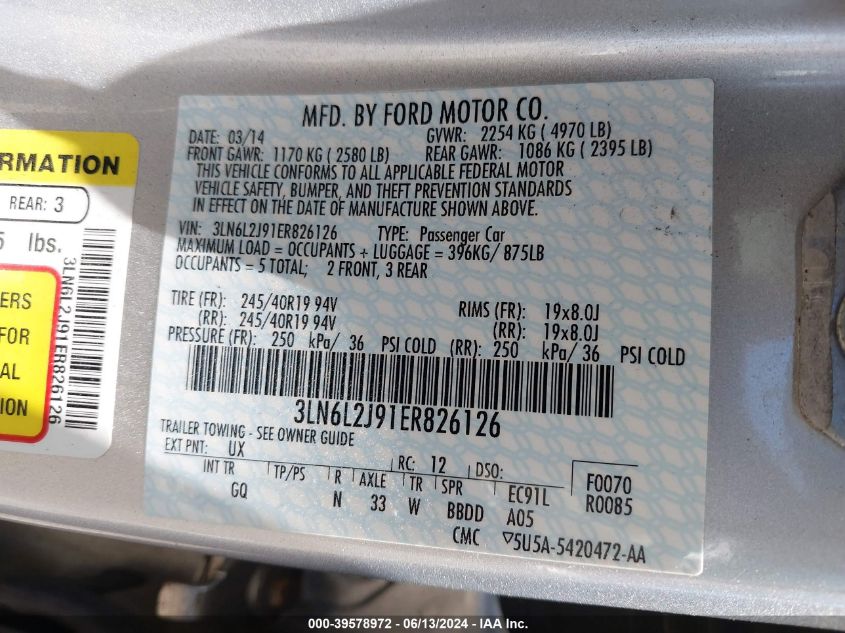 2014 Lincoln Mkz VIN: 3LN6L2J91ER826126 Lot: 39578972