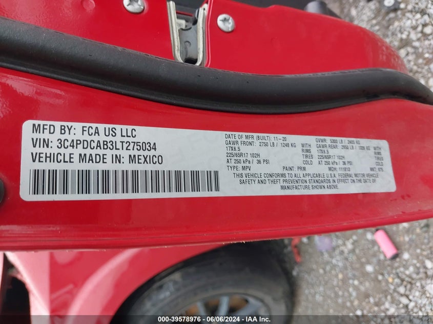 VIN 3C4PDCAB3LT275034 2020 DODGE JOURNEY SE