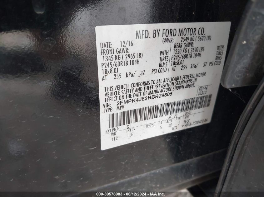 2017 Ford Edge Sel VIN: 2FMPK4J82HBB29805 Lot: 39578983