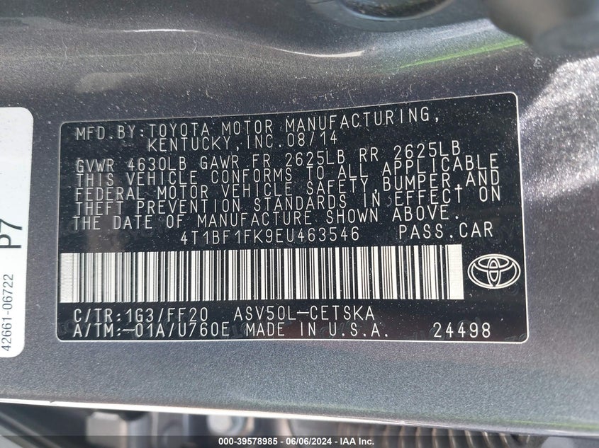 2014 Toyota Camry Se VIN: 4T1BF1FK9EU463546 Lot: 39578985