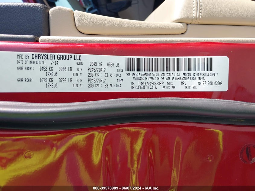 2014 Jeep Grand Cherokee Laredo VIN: 1C4RJEAG2EC573971 Lot: 39578989