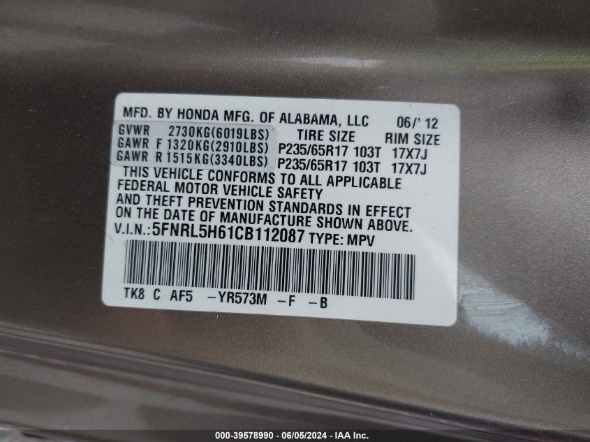 2012 Honda Odyssey Ex-L VIN: 5FNRL5H61CB112087 Lot: 39578990