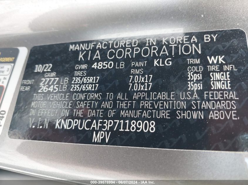 2023 Kia Sportage Lx VIN: KNDPUCAF3P7118908 Lot: 39578994