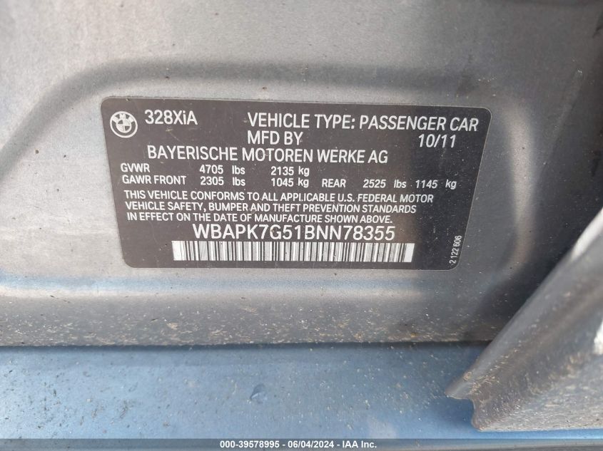 2011 BMW 328I xDrive VIN: WBAPK7G51BNN78355 Lot: 39578995