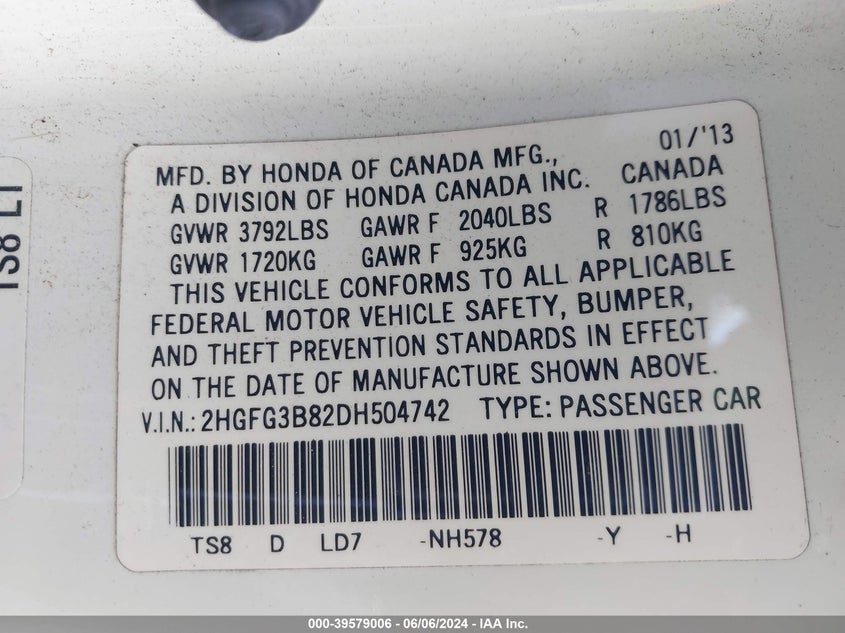 2013 Honda Civic Ex VIN: 2HGFG3B82DH504742 Lot: 39579006