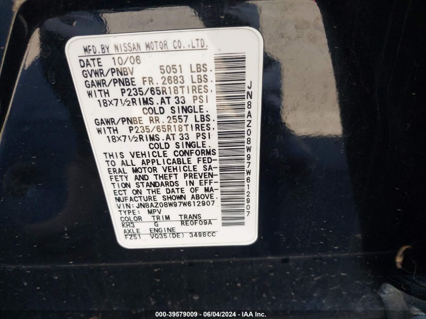 2007 Nissan Murano S VIN: JN8AZ08W97W612907 Lot: 39579009